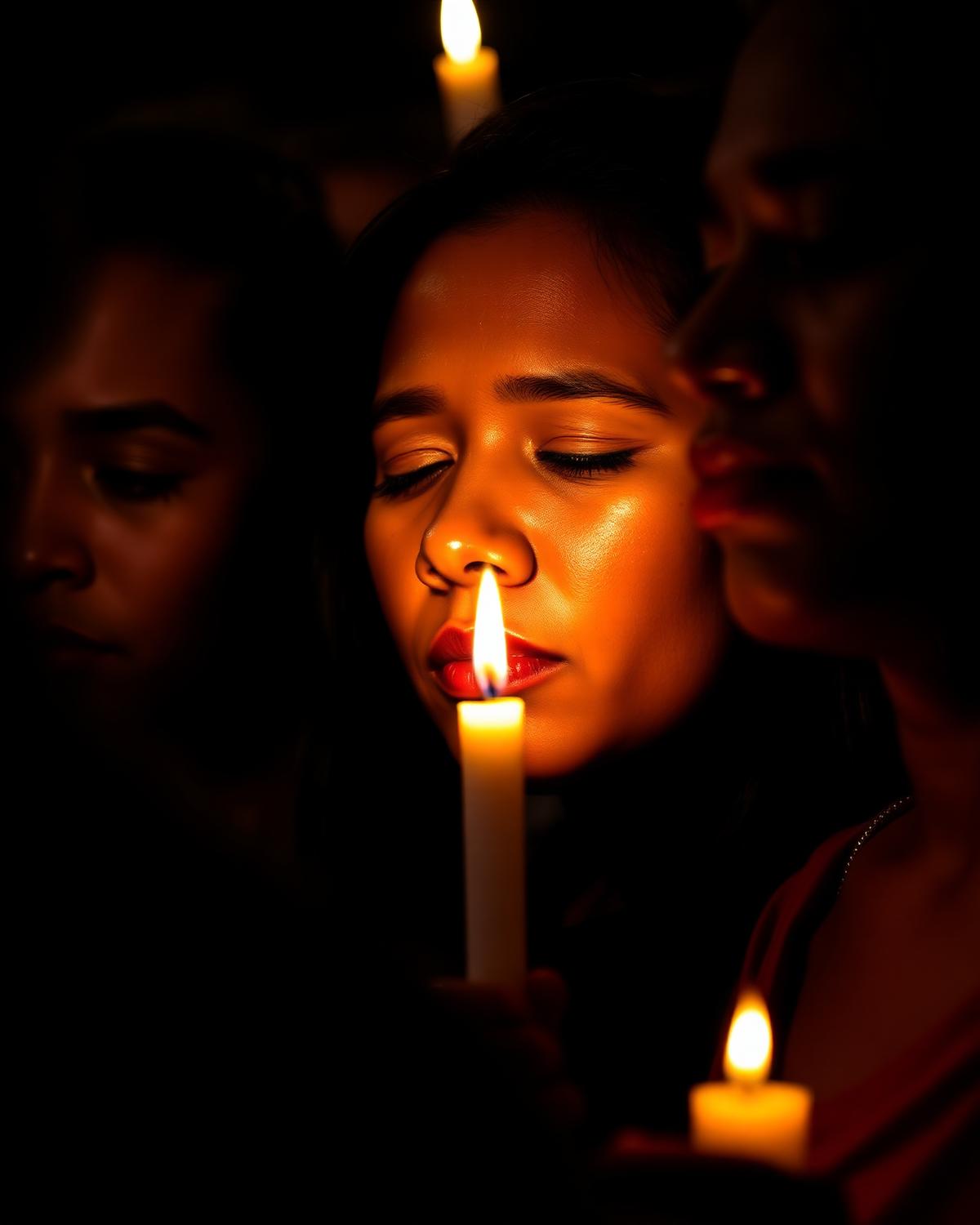Devotos em oração à luz de velas